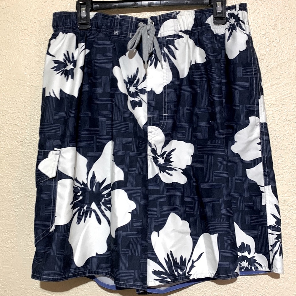 Sonoma Men's Shorts Swim Trunks Size L Navy Blue White Floral🌀